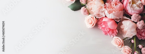 Fresh bunch of pink peonies and roses with copy space. photo