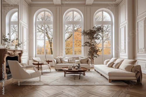 French-styled living room interior  autumn view outside. Classic interior  light walls  high ceiling  wooden floor  parquet.  