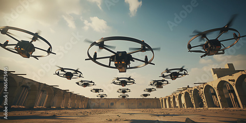 Combat strike drones lined up in even rows fly in sky to attack enemy base during war