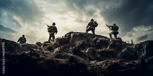 Squad of four soldiers from ground forces during combat mission on battlefield rear view photo
