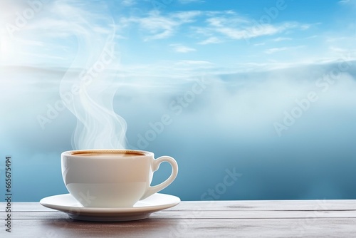 Hot coffee with smoke in the morning under blue sky.