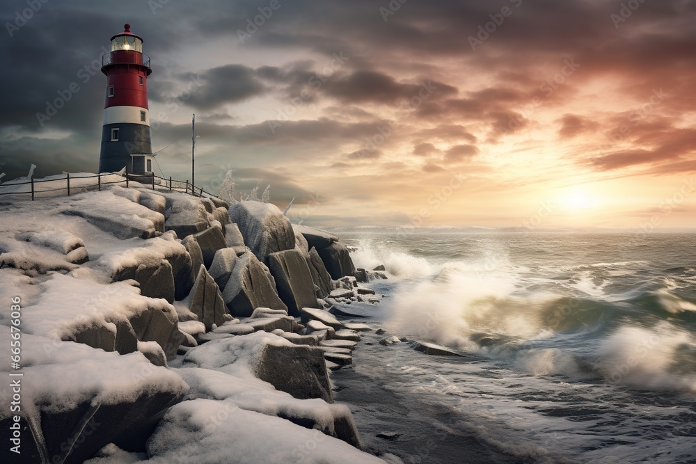 a light house in winters on a coast covered with snow