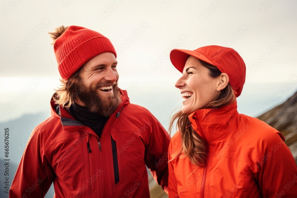 couple smiling standing on top of a snowy mountain after a hike. Adventure and mountain cincept couple smiling standing on top of a snowy mountain after a hike. Adventure and mountain cincept
