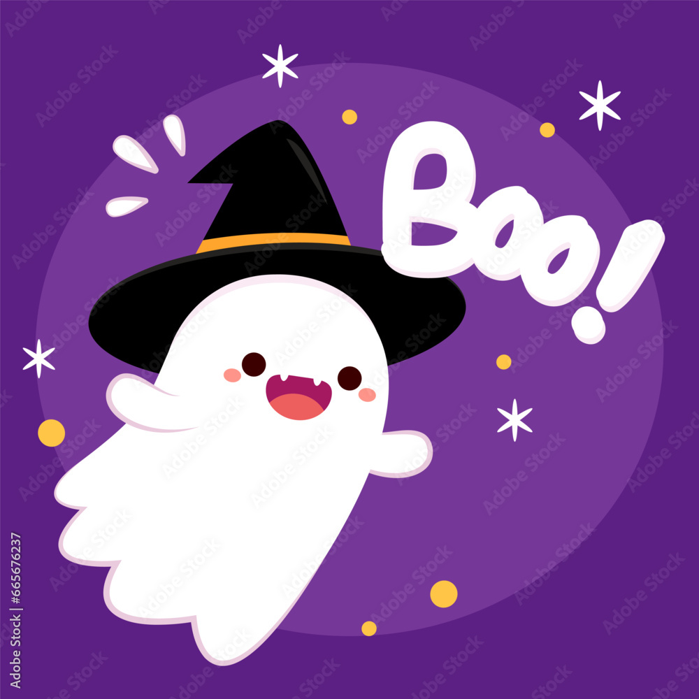 Happy halloween party greeting card with cute ghost. Holidays cartoon character. Trick or treat. Halloween funny cartoon. Happy halloween party greeting card with cute ghost. Holidays cartoon character. Trick or treat. Halloween funny cartoon.
