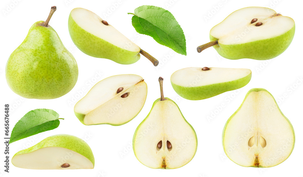Collection of cut pear fruits and leaves, cut out - obrazy, fototapety, plakaty 