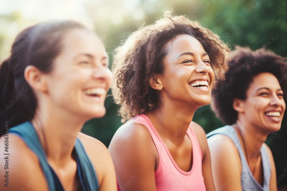 Group of young women smiling during yoga or pilates exercise in park Group of young women smiling during yoga or pilates exercise in park