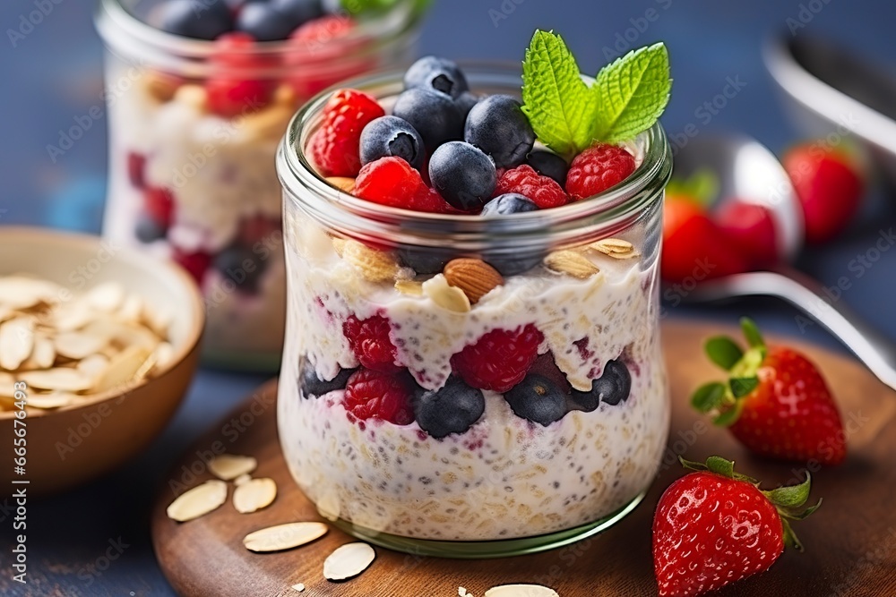 Mixed berries overnight oats with almond flakes in a glass jar, healthy breakfast. Mixed berries overnight oats with almond flakes in a glass jar, healthy breakfast.