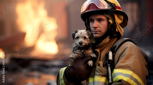 A fireman in a protective suit saves a puppy from a burning house