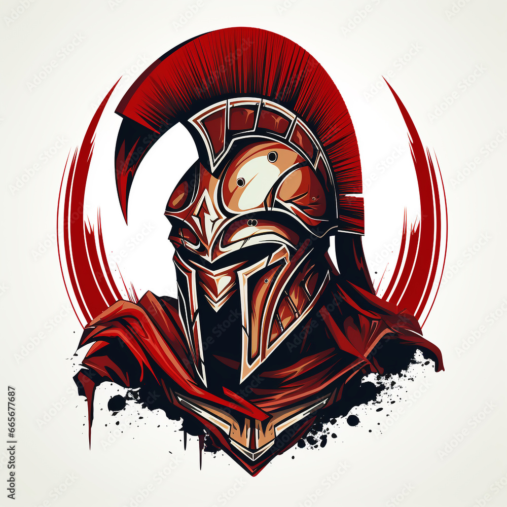 2D illustration of a spartan or roman soldier helmet. Graphic style logo.
