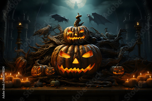 horror  creepy  scary and halloween background with halloween pumpkins  candles and bats in a forest at night