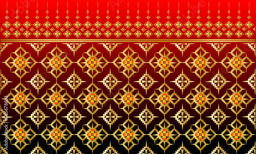 Abstract red gradient background, applied Thai Pattern, luxurious gold color Yellow flower pattern designed for printing on paper or cloth or carpet or ceramic tiles.