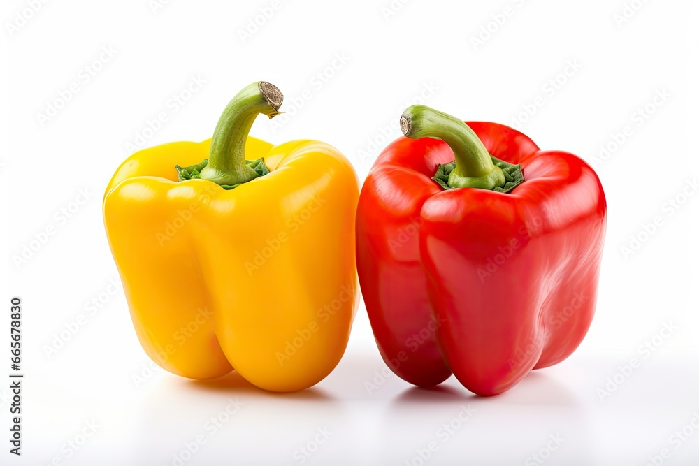 Two bell peppers, a red and a yellow isolated on white background. Two bell peppers, a red and a yellow isolated on white background.