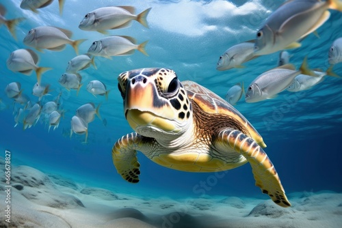 Turtle closeup with school of fish. © Anowar
