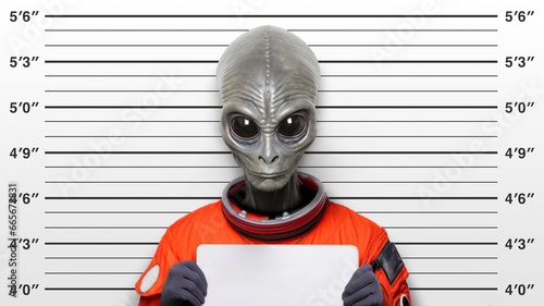 Police-style mugshot of an alien character dressed in an orange spacesuit, holding an empty name placard against height chart background. Sci-fi crime themes. Generative AI photo