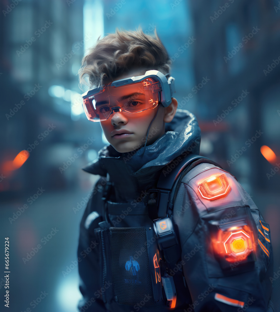 Teenage boy in futuristic attire with illuminated tech gear, standing in an urban setting with a bored and smug expression