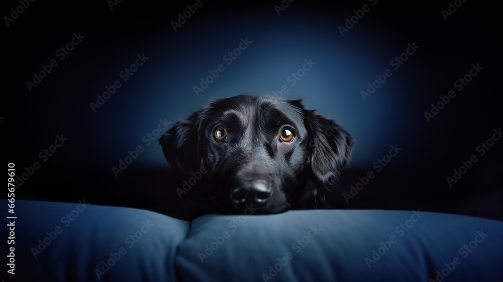 Black dog headshot hiding behind a sofa looking at camera with sadness and fear against dark blue minimal background, with copy space Black dog headshot hiding behind a sofa looking at camera with sadness and fear against dark blue minimal background, with copy space