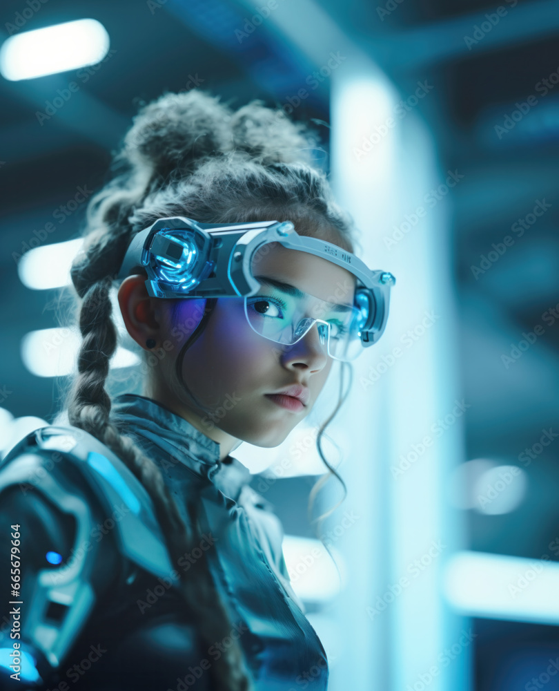 Teenage girl with intricate braided hair wearing advanced technological glasses against a futuristic neon blue background Teenage girl with intricate braided hair wearing advanced technological glasses against a futuristic neon blue background