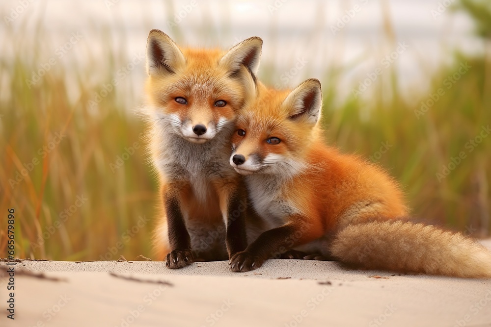 Fototapeta premium Wild baby red foxes cuddling at the beach.