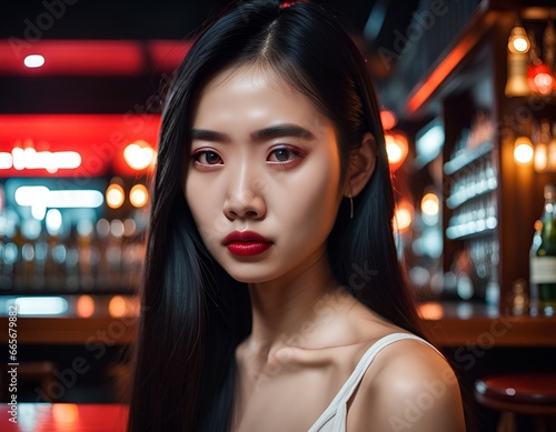 Portrait of a very pretty young Asian woman with long hair with a sad face in a bar