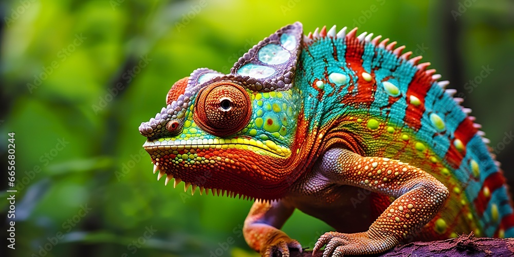 A colorful close up chameleon with a high crest on its head. A colorful close up chameleon with a high crest on its head.