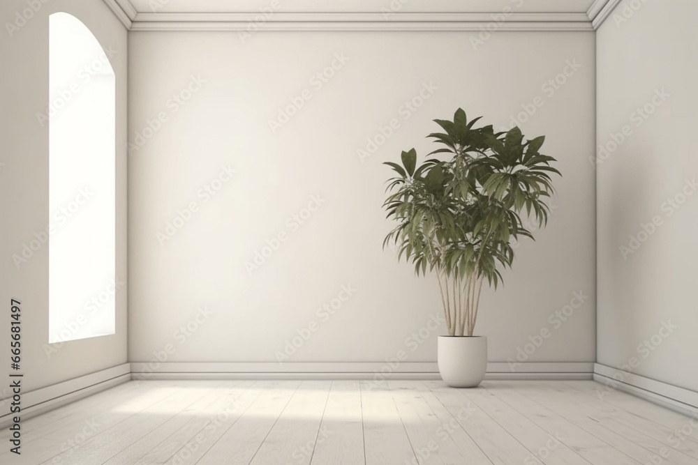 3D-rendered interior of a vacant room with a white wall and a potted plant. Generative AI