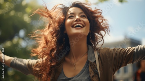 Close Up Asian Woman Stretching Hands Up Smiling Walk, Background Image , Beautiful Women, Hd