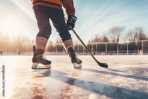 a man playing hockey outdoor sports in snow taking a slapshot photo