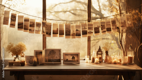 Nostalgic memories  an old photo album hanging by the window  casting shadows of cherished moments