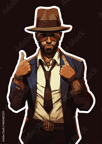 elegant cool mafia gangster with hand signs sunglasses beard and hat in gta style vector