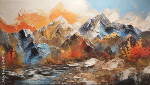 Mountain landscape abstraction A textured canvas depicting rocky terrains with oil acrylic brushstrokes.