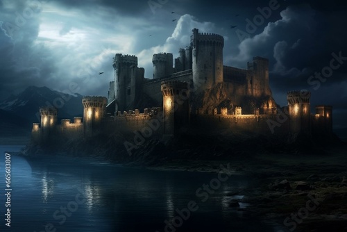 A majestic fortress illuminated by the moon against a dark sky. Generative AI © Xanthe