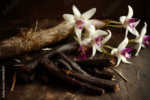 A bunch of desiccated vanilla pods accompanied by a pair of beautiful orchids. Generative AI