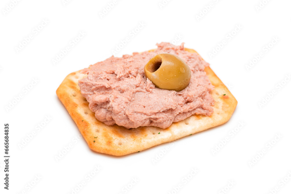 Crispy Salted Cracker with Liver Pate and Olives - Isolated on White. Easy Snack - Isolation Crispy Salted Cracker with Liver Pate and Olives - Isolated on White. Easy Snack - Isolation