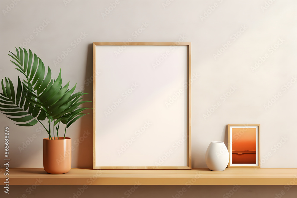 blank empty mockup wooden photo frame with interior, shelf, vase and decorative plant 