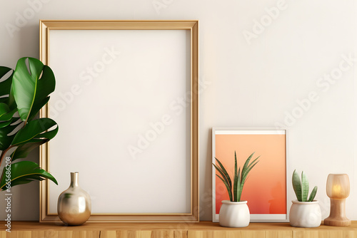 blank empty mockup wooden photo frame with interior, shelf, vase and decorative plant 