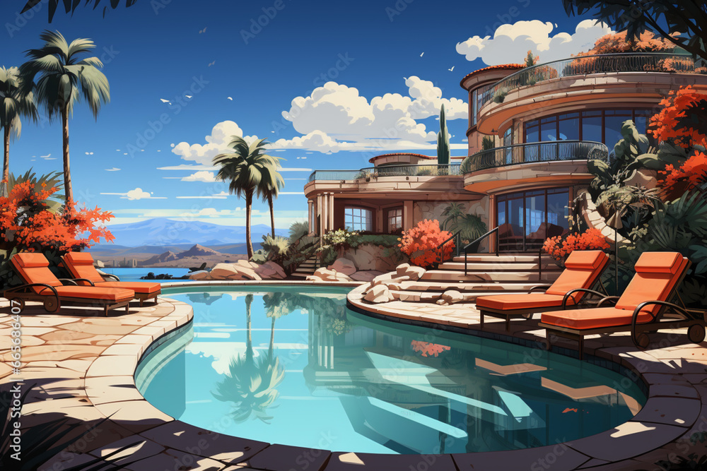 Illustration of a home swimming pool, tropical view