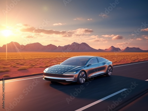 An electric car drives along a road built from solar panels. Alternative fuel for transport. Generative AI