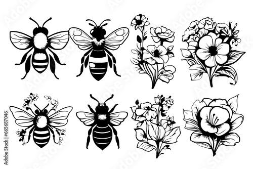 bundle of bee and flowers vector,icon,illustration