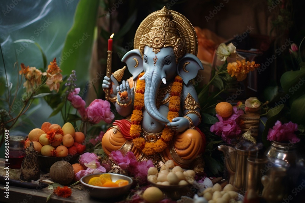 Celebration of Lord Ganesha's festival, joyously inviting divine blessings. Generative AI