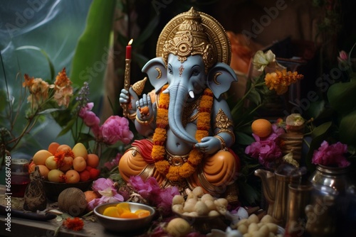 Celebration of Lord Ganesha's festival, joyously inviting divine blessings. Generative AI © Aphrodite