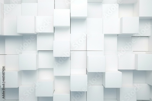 Arrangement of square tiles forming a white, semigloss 3D background made of futuristic blocks. Generative AI