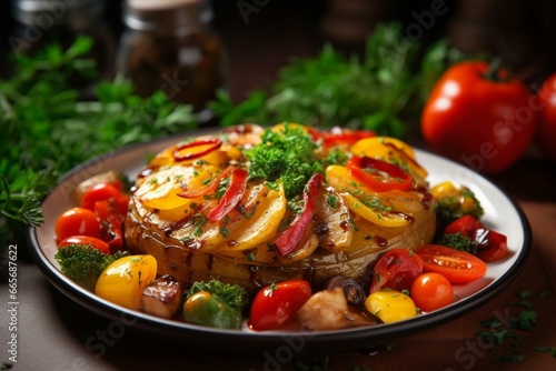Delicious dish of savory potato topped with flavorful meat and vibrant vegetables. Generative AI