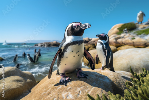 penguin on the rocks with blue background
