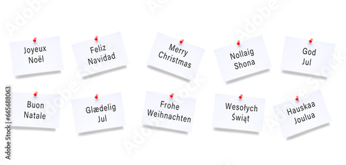 Weihnachtswünsche in verscheidenen Sprachen auf einem Notizzettel photo