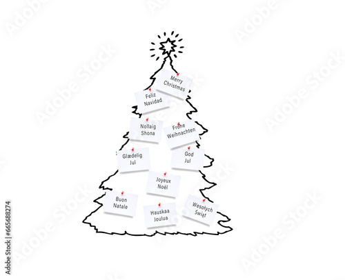 Weihnachtswünsche in verscheidenen Sprachen auf einem Notizzettel