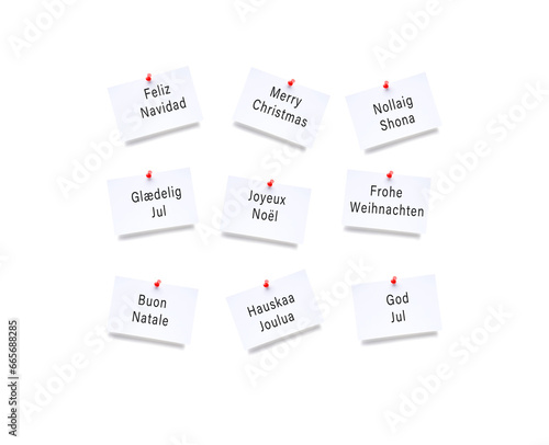 Weihnachtswünsche in verscheidenen Sprachen auf einem Notizzettel