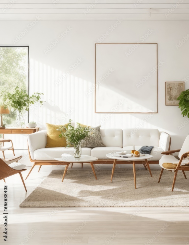 Midcentury Interior Design with Wall Art Mockup Blank Wall Midcentury Interior Design with Wall Art Mockup Blank Wall