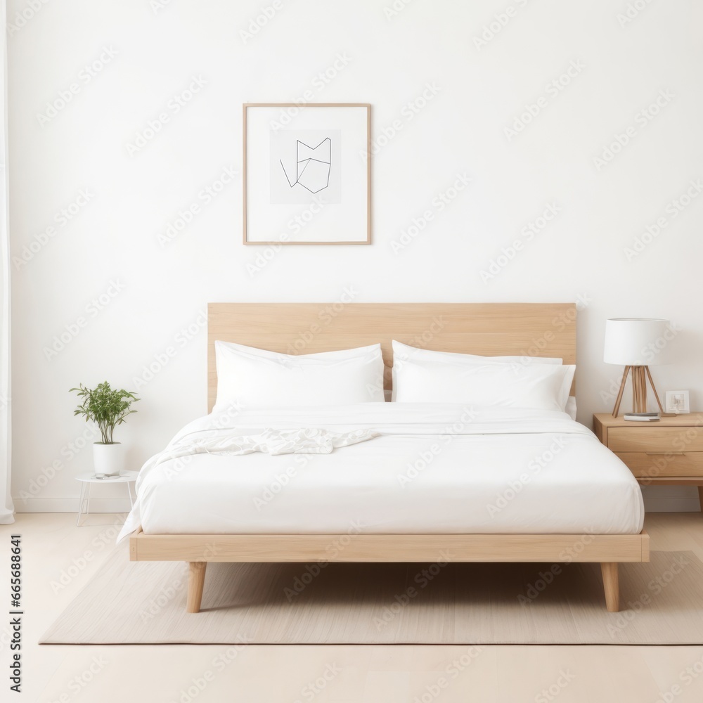 Wooden Bed with White Bedsheet and Blank Picture Frame Mockup - Ideal for Showcasing Your Bedding and Wall Art Designs