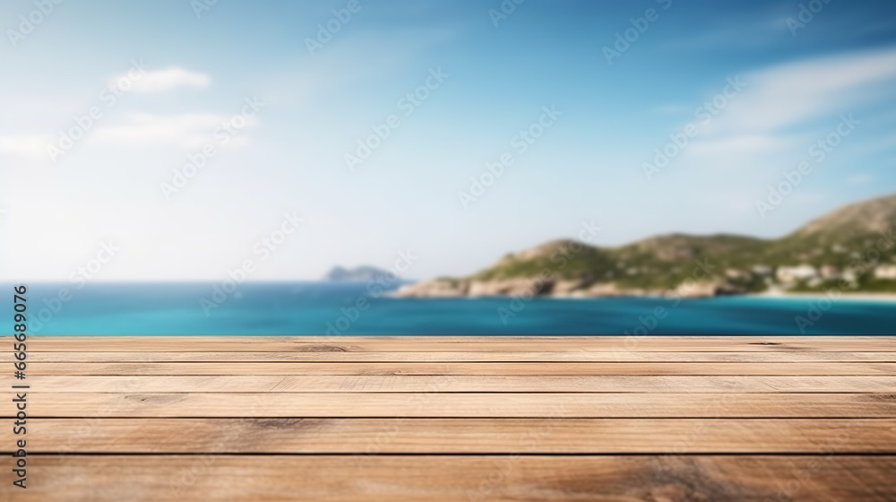 Oceanfront Wooden Table with Island and Sea View, Wooden Table Overlooking Island and Sea