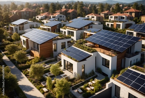 "Solar-Powered Living" exemplifies the beauty of sustainable urban living, where multifamily homes are adorned with solar panels for eco-friendly energy solutions.